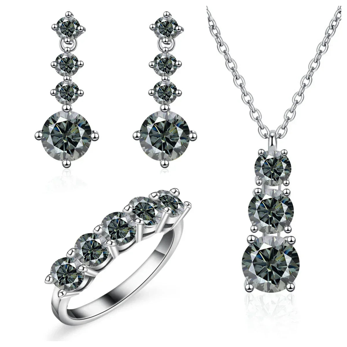 Moissanite 925 Sterling Silver Jewelry Set - Ring Earring Pendant Gift