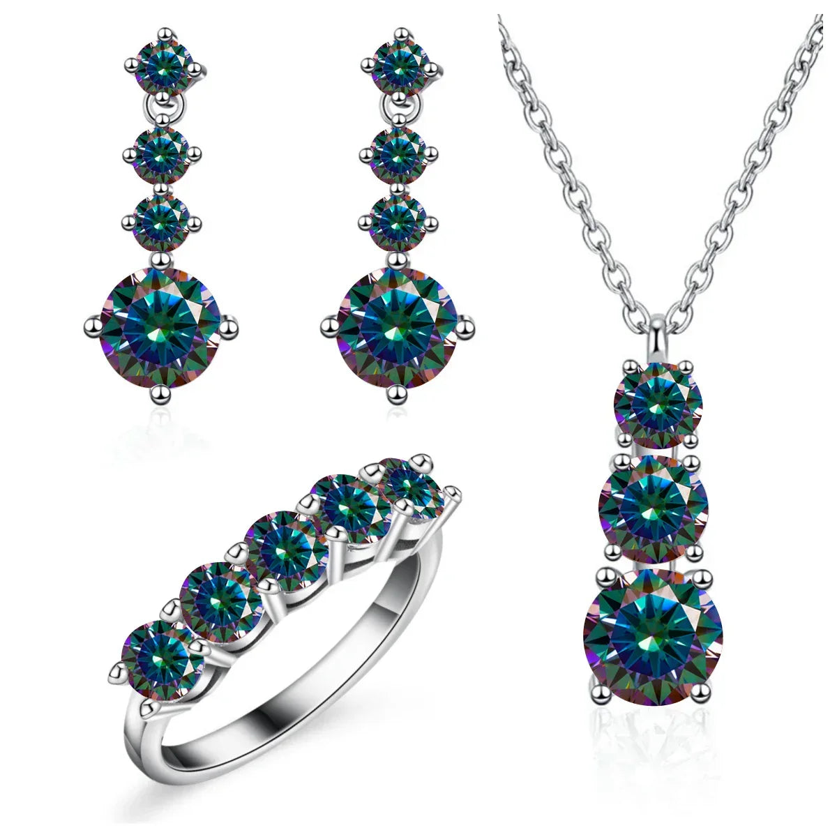 Moissanite 925 Sterling Silver Jewelry Set - Ring Earring Pendant Gift